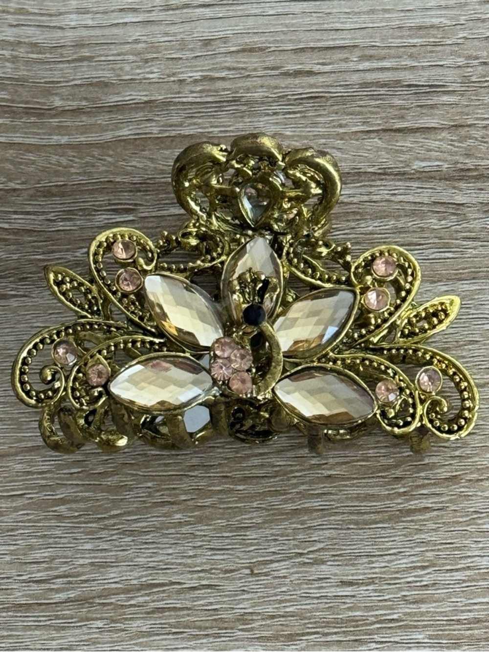 Decorative Butterfly-Themed Hair Claw Clip Antique Gold Finish Sparkly Crystal s - Picture 10 of 10